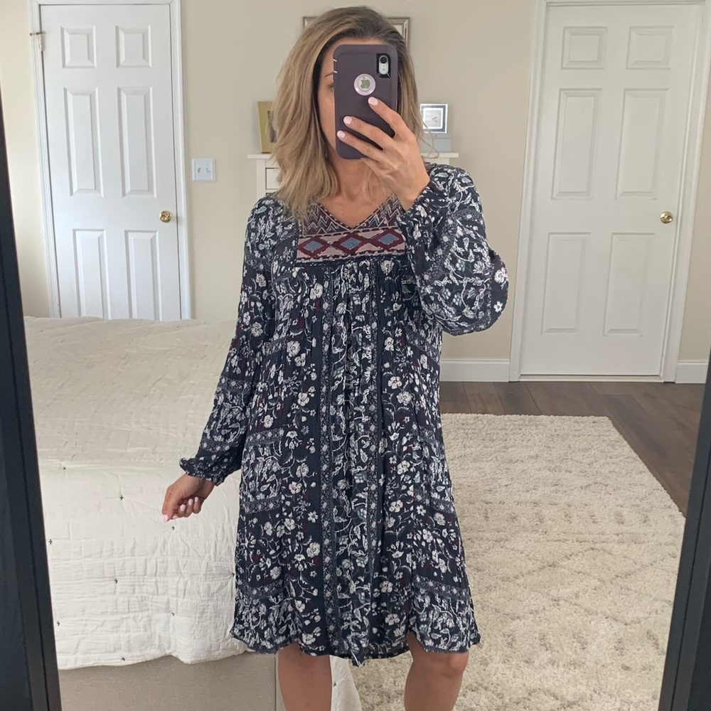 Weavers Long Sleeve Blue Floral Bohemian Dress
